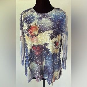 JESS & JANE Blue Night Multicolor 3/4 Sleeve Top Sz PM Art To Wear Boho Fairy